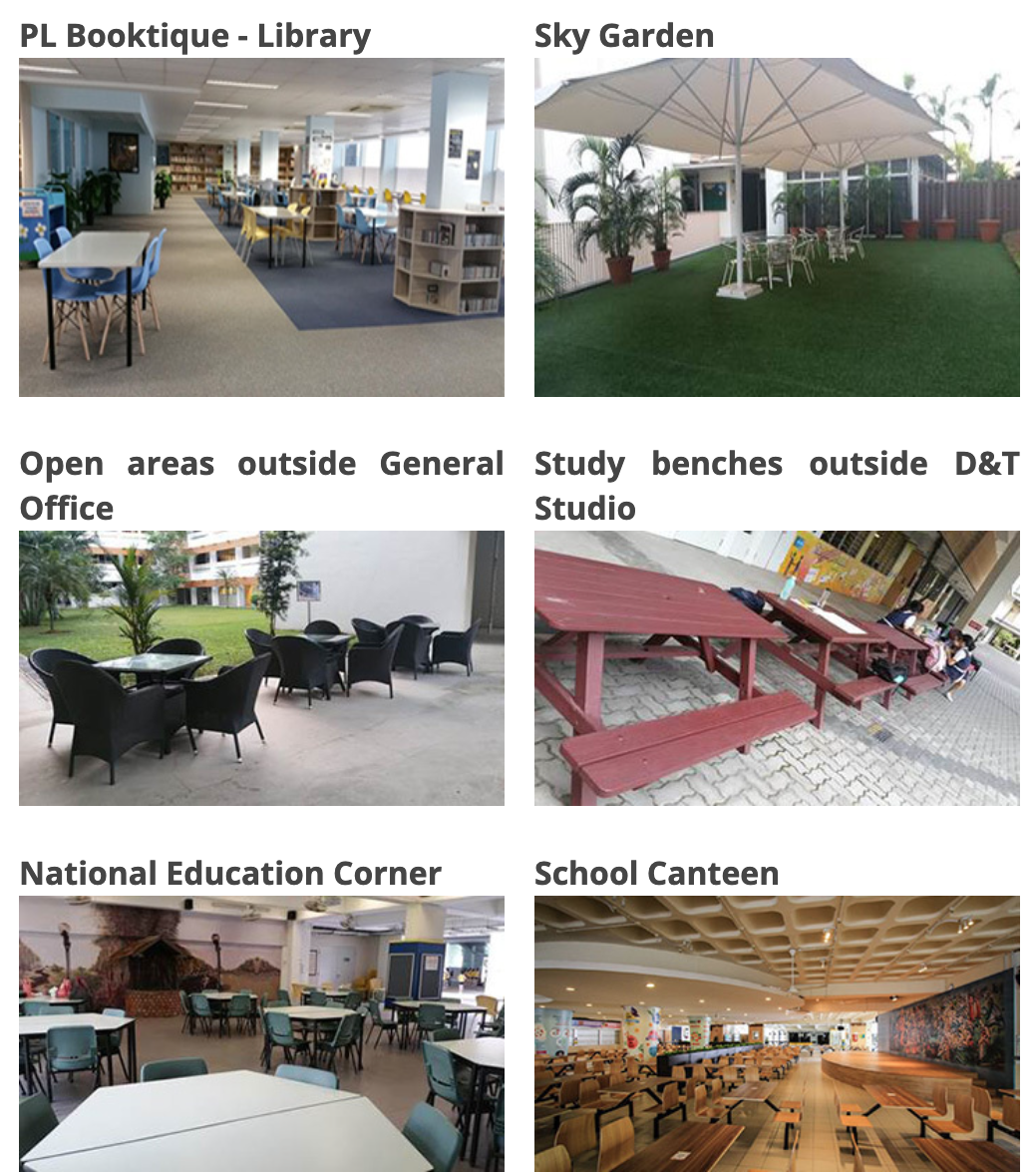Six school facility photos: library, sky garden, outdoor seating areas, wooden study benches, education corner, and canteen.